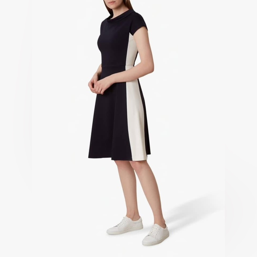 Hobbs Lenora Fit & Flare Dress Ponte Colorblock Peter Pan Collar Quiet Luxury